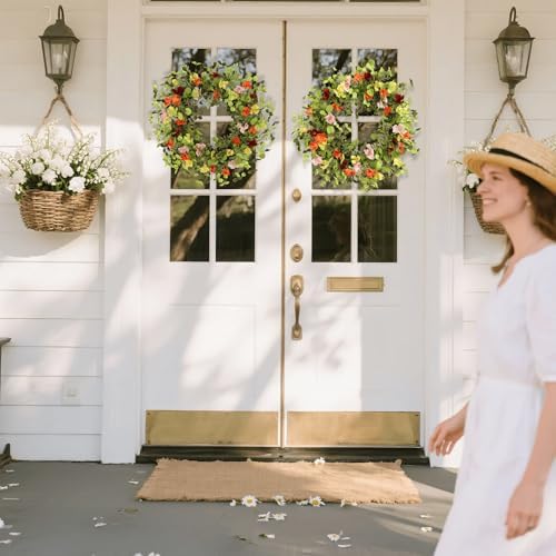 24 Inch Spring Wreath for Front Door, Summer Wildflower Wreath with Colorful Flowers & Eucalyptus, Artificial Year Round for Farmhouse Home Decor Indoor Outdoor - Image 2