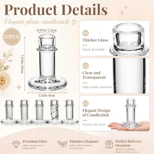 Mumufy 12 Pcs Glass Crystal Taper Candle Holders, 4 Inch Clear Glass Candlestick Holder Fit 0.8 Inch Candles, Crystal Decorative Candle Stand Centerpiece for Wedding, Dining Room, Party(Assorted) - Image 2