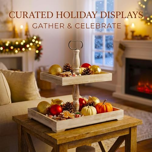 Decorative Tray - Cupcake Stand Two Tiered Tray Farmhouse Rustic 2 Tiered Serving Tray for Home and Kitchen Decor, Party, Weddings-Holiday Decoration Customizable Display Options - Image 7