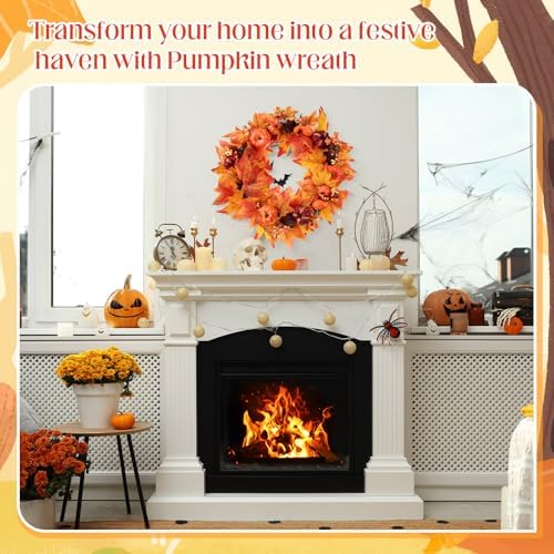 Yunlly 24 Inch Artificial Fall Wreath Autumn Maple Decor Autumn Front Door Wreath with Fake Pumpkin, Maple Leaves, Pine Cones for Outside Indoor Wall Thanksgiving Fall Decor - Image 4