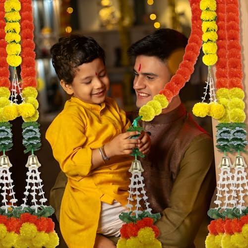 11PCS Diwali Decorations Marigold Garland for Home, Artificial Marigold with Bells and Leaves Long Strands for India Wedding, Pooja Decor, Marigold Flowers for All Year Decoration - Image 7
