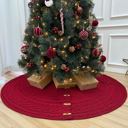 48-Inch Cable Sweater Knit Christmas Tree Skirt with Wooden Toggles, Burgundy - Image 6