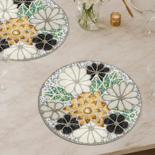 Lightnpro Flower Beaded Placemats Round, Rustic Farmhouse Hand Beaded Floral Placemats to Decorate Christmas Xmas Wedding Family Party Thanksgiving Dinner Table Décor - 13 Inch - Brown Combo - Image 4