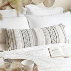 BlissBlush 14x36 Lumbar Pillow Cover for Bed, Rectangular Long Decorative Throw Pillowcase, Boho Accent Cushion with Black Tufted Pattern and Tassels, Cream Neutral (Cover Only) by BlissBlush