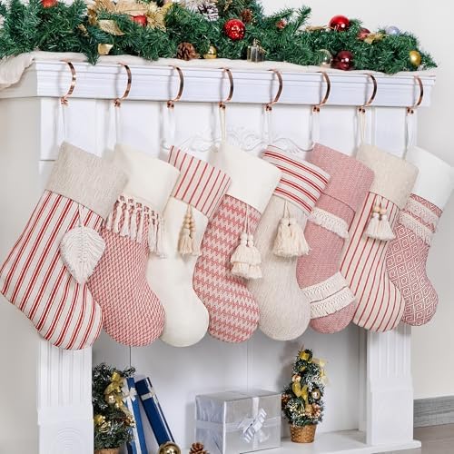GEX Christmas Stockings 8 Pack for Family 20" Large Rustic Farmhouse Country Red Xmas Stockings with Tassels Hanging Ornament Decorations for Fireplace Xmas Season (Red, Set of 8) - Image 2