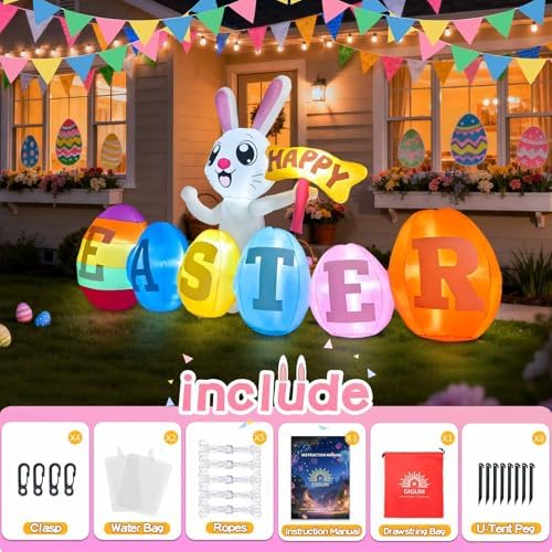 7FT Easter Bunny Inflatable with Happy Easter Sign, LED Yard Decor - Image 5