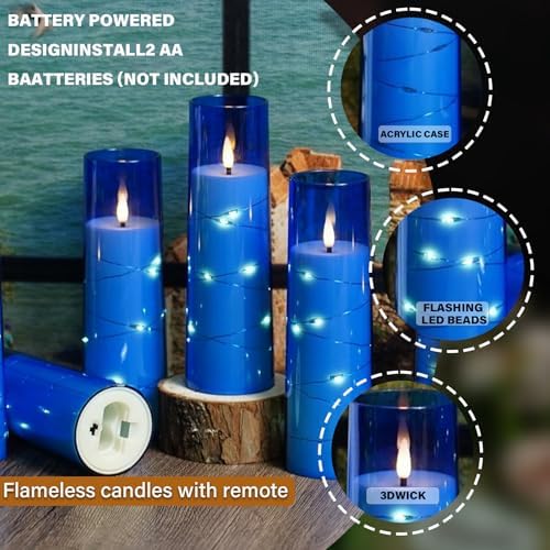 Nimiko Flickering Flameless LED Candles,Battery Operated Candles 9 Pcs with Embedded Star String,Acrylic LED Pillar Candles with Remote,Suitable for Home Decoration to Create an Atmosphere (Blue) - Image 3