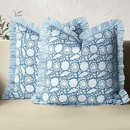 CPC Blue Meadow Hand Block Print 100% Cotton Ruffle Throw Pillow Cover 20x20 inch with Hidden Zipper Decorative for Couch, Bed, Sofa, Farmhouse, Cottagecore Decor Gift Christmas Fall Thanksgiving by COTTONPRINTCLUB