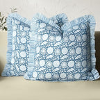 CPC Blue Meadow Hand Block Print 100% Cotton Ruffle Throw Pillow Cover 18x18 inch with Hidden Zipper Decorative for Couch, Bed, Sofa, Farmhouse, Cottagecore Decor Gift Christmas Fall Thanksgiving by COTTONPRINTCLUB