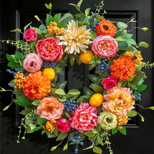 Spring Wreaths for Front Door Outside,24 Inch Summer Wreath with Peony, Dahlia, Hydrangea, Faux Lemons, Berries and Greenery, Colorful Spring Door Wreath for Outdoor Decor - Image 6