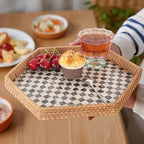 Hexagon Rattan Tray with Mother of Pearl Inlay, Rattan Serving Tray for Coffee, Bread, Fruits, Snacks, Decorative Wicker Tray for Table Decor, Home Decor (Black Checker, 14.5"×12.8") - Image 6