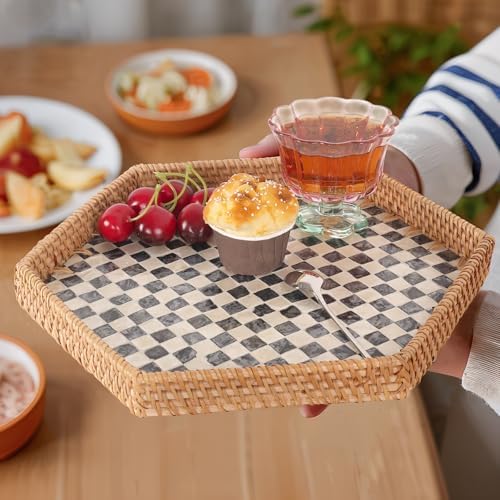 Hexagon Rattan Tray with Mother of Pearl Inlay, Rattan Serving Tray for Coffee, Bread, Fruits, Snacks, Decorative Wicker Tray for Table Decor, Home Decor (Black Checker, 14.5"×12.8") - Image 6