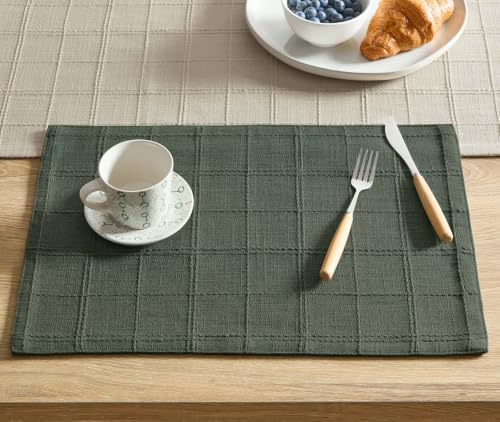 ZeeMart Linen Checked Farmhouse Placemats Set of 6, Army Green 13x19in by ZEEMARTONLINE