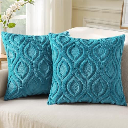 decorUhome Faux Fur Plush Soft Teal Throw Pillow Covers 26x26 Set of 2 by decorUhome