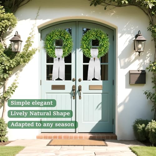 20''Boxwood Wreaths for Front Door,Artificial Spring Summer Wreath,Boxwood Wreaths with Sash,All Seasons Wreath for Farmhouse,Wedding,St Patrick's Day Decoration,Indoor & Outdoor - Image 4