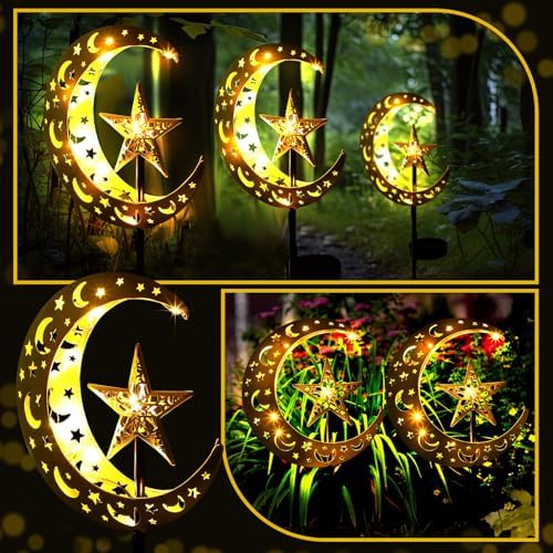 Tujoe 2 Pcs Eid Mubarak Solar Lights Eid Al Adha Outdoor Decorations Mubarak Star Moon Lights Solar Stakes Waterproof for Outdoor Decorations Garden Walkway Lawn Patio Yard(Star) - Image 5