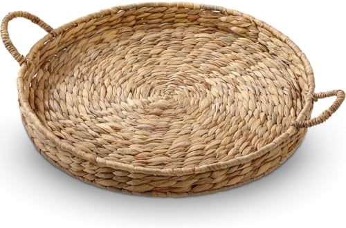 Round Woven Hyacinth Serving Tray with Handles Rattan Decorative Storage Basket for Fruit Arts Crafts Breakfast Coffee Table Dining, 1.97 x 21.65 Inches by Yiyiring