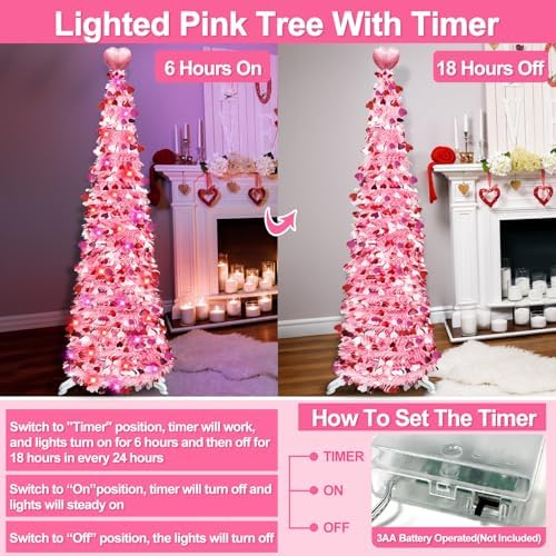 Valentines Day Decorations 5Ft Pink Valentines Christmas Tree with Lights Timer Battery Operated Pop Up Artificial Tree with Heart Ornaments, Heart Topper Decorations for Indoor Home Outdoor Office - Image 2