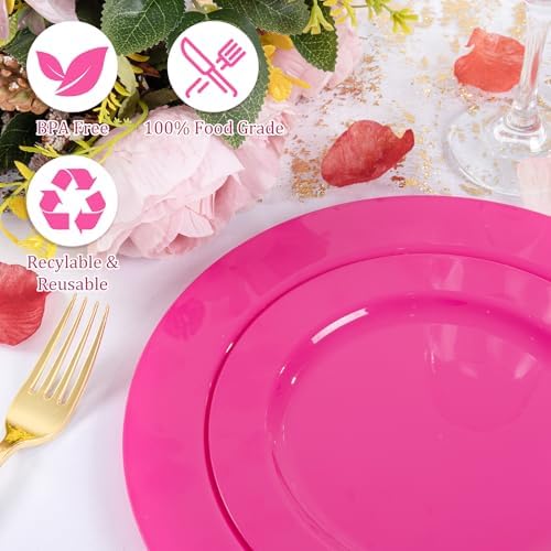 FLOWERCAT 60PCS Hot Pink Disposable Party Plates Set – 30 pcs 10.25″ Dinner Plates & 30 pcs 7.5″ Dessert Plates for Spring Parties, Valentine’s Day, Wedding – Sturdy & Stylish Tableware - Image 4