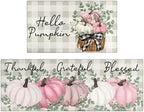 Fall Thanksgiving Pumpkin Kitchen Rugs Set of 2,Eucalyptus Buffalo Plaid Farmhouse Floor Mats and Rugs Non Skid Washable for Kitchen Home Decor (Pink 17"x47"+17"x30") by Xsinufn
