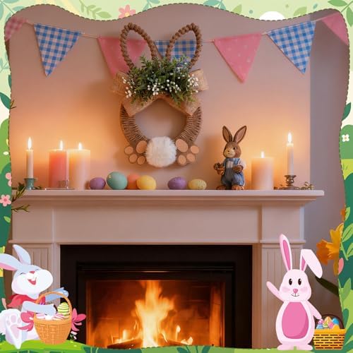 Norme 18 Inch Easter Bunny Wreath Spring Artificial Flower Rabbit Rattan Wreath with Rabbit Tail Feet Green Twig and Berries Linen Bow Knot for Farmhouse Front Door Farmhouse Wall Home Window Decor - Image 4