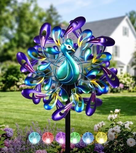 Peacock Wind Spinners Outdoor Kinetic Turquoise Green Garden Yard Art by VUFOZ