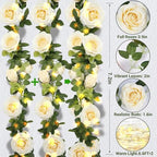 Flower Garland with Lights, 4 Packs 7FT White Floral Rose Flower Eucalyptus Garland Decor, Artificial Faux Leaves Greenery Vines for Table Runner Wedding Centerpieces Backdrop Decor (Warm Color) - Image 2