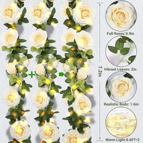 Flower Garland with Lights, 4 Packs 7FT White Floral Rose Flower Eucalyptus Garland Decor, Artificial Faux Leaves Greenery Vines for Table Runner Wedding Centerpieces Backdrop Decor (Warm Color) - Image 2
