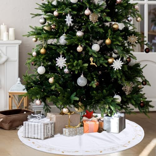 60inch Extra Large Christmas Tree Skirt White Luxury Velvet Plush Fur Skirts with Gold Embroidery Xmas Velvet Tree Skirt Holly Leaves Gold Embroidered Trees Skirts for Christmas Holiday Party Decor - Image 6