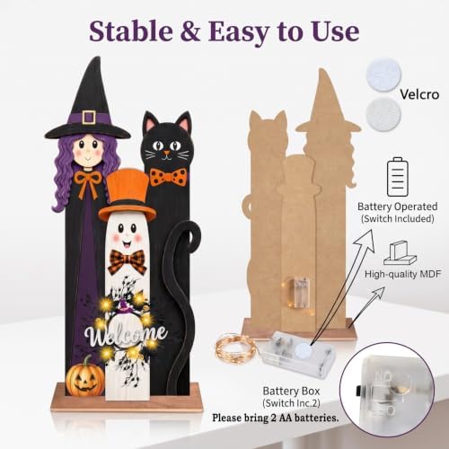 Halloween Welcome Sign with LED Lights, 36" Wooden Standing Sign, Witch Black Cat Ghost Design, Front Porch Decor for Outdoor Indoor Yard Garden Party - Image 4