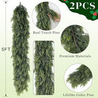 Lifelike Touch Artificial Christmas Cedar Garland for Mantle (5FT 2PCS) - Image 5