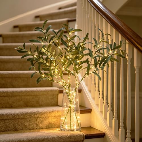Hairui Lighted Olive Branches with Timer 24IN 72LED Battery Operated, Artificial Greenery Olive Tree Branch with Fairy Lights for Wedding Christmas Home Indoor Outdoor Decoration - Image 7