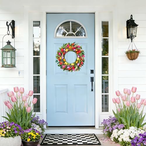 Spring Wreath 22 Inch Artificial Summer Wreaths Tulip Wreath for Front Door with Yellow Tulip Eucalyptus Leaves purple Lavender for Mother's Day Indoor Wall Festival Farmhouse Wedding Decor - Image 7