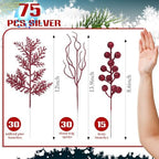 75 Pcs Christmas Glitter Tree Picks 3 Styles Berry Stems, Burgundy - Image 2