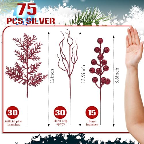 75 Pcs Christmas Glitter Tree Picks 3 Styles Berry Stems, Burgundy - Image 2