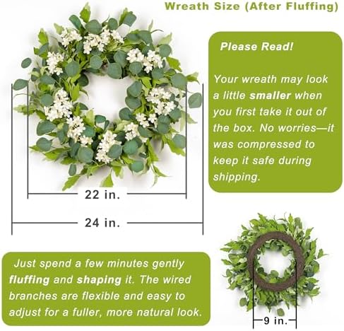 Summer Wreath for Front Door, 24 in Eucalyptus White Cherry Blossom - Image 4