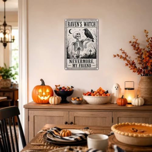 Vintage Metal Tin Sign Halloween Skeleton Raven Graveyard Gothic Wall Art for Home Bar 6×8 Inches with Metal Frame - Image 4