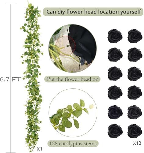 1 Pack Artificial Garland Eucalyptus Vine with 12 Roses for Home Decor Wedding Table Runner Centerpiece DIY Wreath Decor (Black) - Image 5