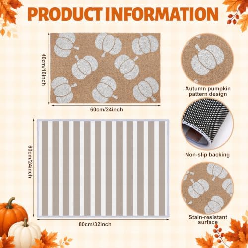 2Pcs Fall White Pumpkin Doormats Autumn Buffalo Plaid Striped Door Mats Set Outside Inside Entrance Porch Rugs Durable Scraping Wire Loop Crystal Velvet Floor Mat for Thanksgiving Decor 24x32 - Image 2