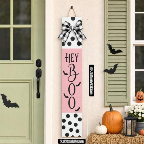 Pinkunn Pink Halloween Boo Porch Decor 47.2" Wood Sign with Large Bow - Image 3