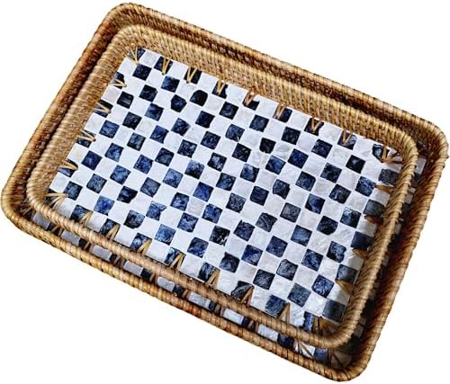 Set of 2 Rectangular Mother of Pearl & Rattan Trays - Handwoven Wicker Serving Trays for Coffee Table & Vanity - Boho Decorative Nesting Basket Organizers for Home (Black & White) by chicapica