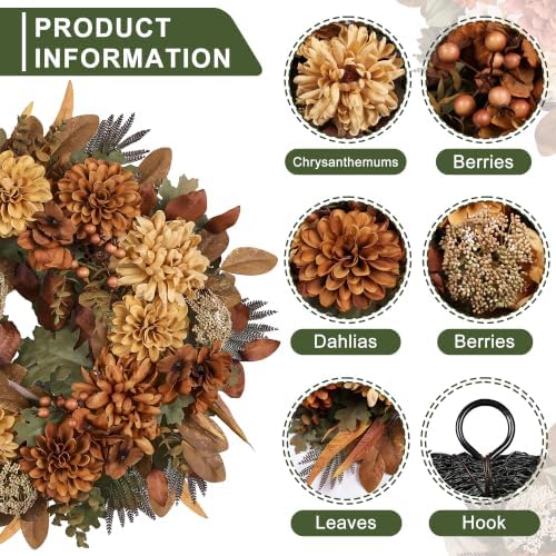 24" Fall Wreaths for Front Door with Mums Dahlias Queen Anne's Lace - Image 4