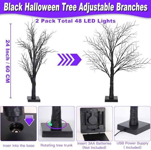 Halloween Decorations Indoor 2 Pack 24 Inch Black Spooky Tree with 48 Purple Led Lights, Timer/USB/Battery Operated Lighted Tabletop Tree Halloween Table Decor for Home Office Holiday Party - Image 3