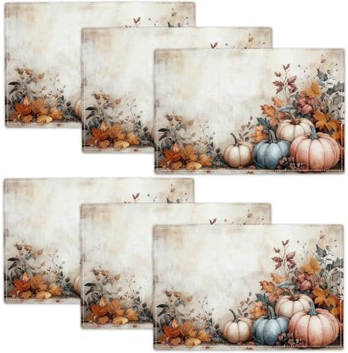 Fall Pumpkin Placemats Set of 6, 12x18 Inch Autmun Maple Leaves Table Place Mat Seasonal Vintage Washable Non-Slip Heat Resistant Fabric Placement Mats for Party Dining Kitchen Indoor Outdoor Decor by UIAMT