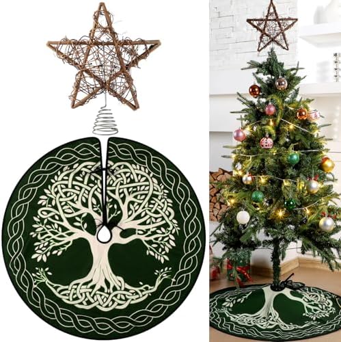 2 Pcs Yule Christmas Tree Topper and 36'' Tree Skirt Set Rustic Star Treetop Pagan Winter Solstice Ornament Rattan Christmas Decor for Yuletide Xmas Decorations by Vertintong