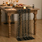 Artoid Mode 10PC Gold Stars Black Gauze Table Runner 120 Inch 10FT, Reversible Glitter Sheer Dining Wedding Holiday Birthday Table Decor for Home Party - Image 4