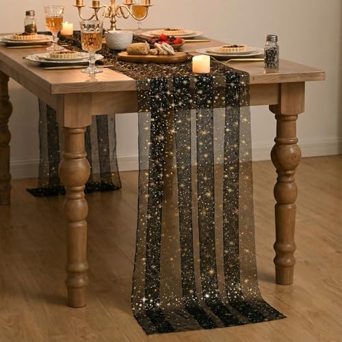 Artoid Mode 10PC Gold Stars Black Gauze Table Runner 120 Inch 10FT, Reversible Glitter Sheer Dining Wedding Holiday Birthday Table Decor for Home Party - Image 4