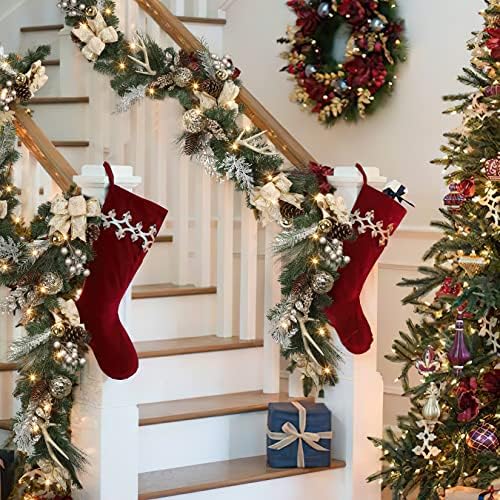Christmas Garland with Lights, Champagne Gold 6FT 20LED Pre-Lit Christmas Garland with Ball Ornaments, Ribbons, Pine Cones and Artificial Antlers for Door Mantle Stairs Christmas Decoration - Image 6