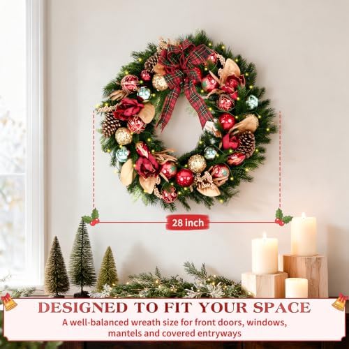 Hykolity 28 Inch Pre-Lit Magnolia Christmas Wreath, Battery Operated Lighted Wreath with 50 Warm White LEDs, Timer, Burgundy Flowers, Plaid Bow, Ornaments and Pinecones for Front Door - Image 3