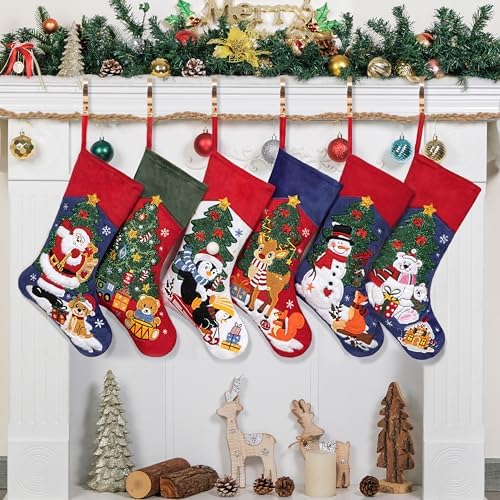 LUBOT Set of 6 Christmas Stockings Embroidered 20" Velvet Large Family Xmas Tree Stocking 6 Pack Shining Cute Cartoon Soft Luxury Stocking Fireplace Hanging Decor - Image 2